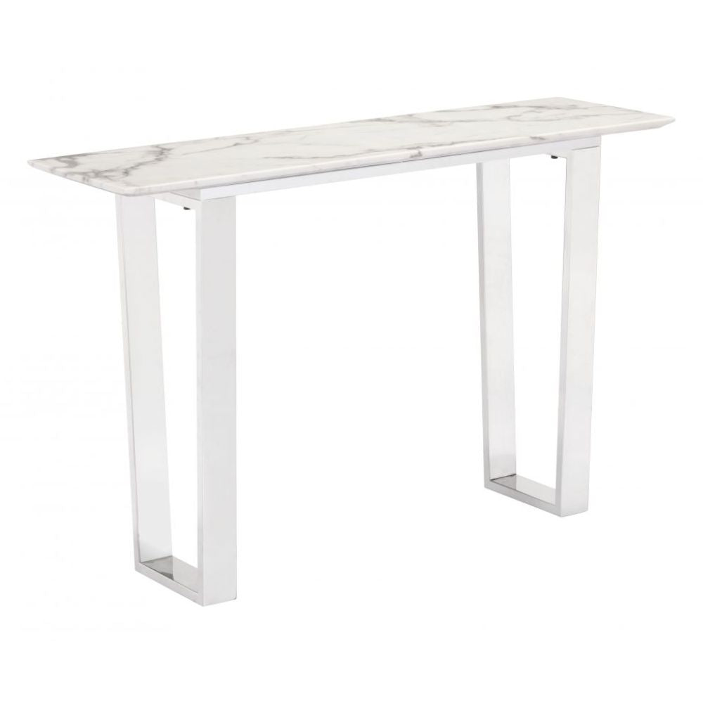 MESA CONSOLA NOGAL BEAT ATLAS | Mesa Consola Ocasional Decorativa | 77 cm | Estructura Acero Inoxidable Cepillado Plateado | Blanco | Mármol Sintético | Interior - 100709 - Zuo - NOGAL BEAT - Mesas