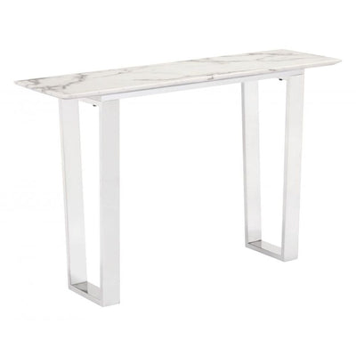 MESA CONSOLA NOGAL BEAT ATLAS | Mesa Consola Ocasional Decorativa | 77 cm | Estructura Acero Inoxidable Cepillado Plateado | Blanco | Mármol Sintético | Interior - 100709 - Zuo - NOGAL BEAT - Mesas