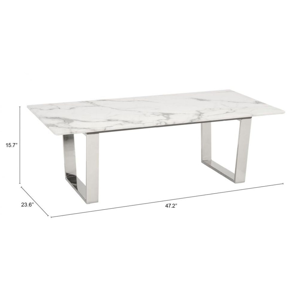 MESA DE CENTRO NOGAL BEAT ATLAS | Mesa de Centro Decorativa para Sala | 40 cm | Estructura Acero Inoxidable Cepillado Plateado | Blanco | Mármol Sintético | Interior - 100708 - Zuo - NOGAL BEAT - Mesas