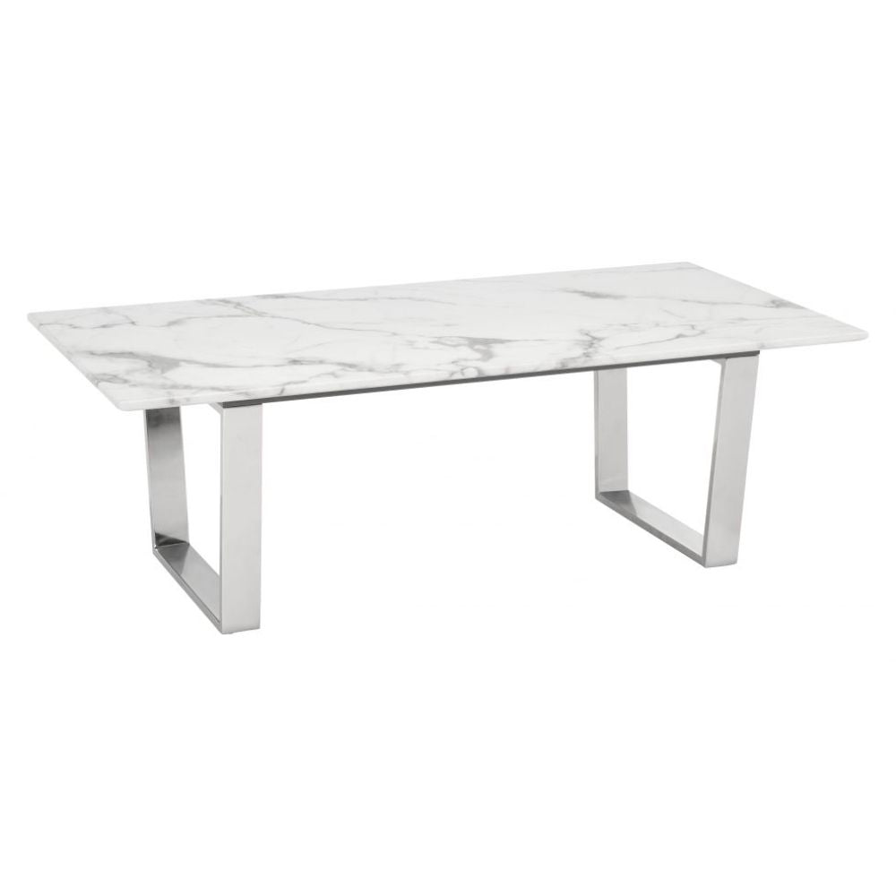 MESA DE CENTRO NOGAL BEAT ATLAS | Mesa de Centro Decorativa para Sala | 40 cm | Estructura Acero Inoxidable Cepillado Plateado | Blanco | Mármol Sintético | Interior - 100708 - Zuo - NOGAL BEAT - Mesas