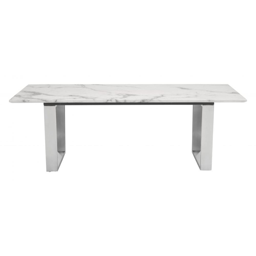 MESA DE CENTRO NOGAL BEAT ATLAS | Mesa de Centro Decorativa para Sala | 40 cm | Estructura Acero Inoxidable Cepillado Plateado | Blanco | Mármol Sintético | Interior - 100708 - Zuo - NOGAL BEAT - Mesas