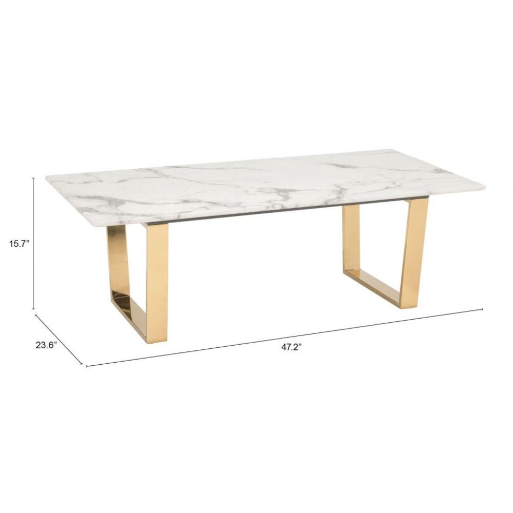 MESA DE CENTRO NOGAL BEAT ATLAS | Mesa de Centro Decorativa para Sala | 40 cm | Estructura Acero Inoxidable Galvanizado Oro | Blanco | Mármol Sintético | Interior - 100653 - Zuo - NOGAL BEAT - Mesas