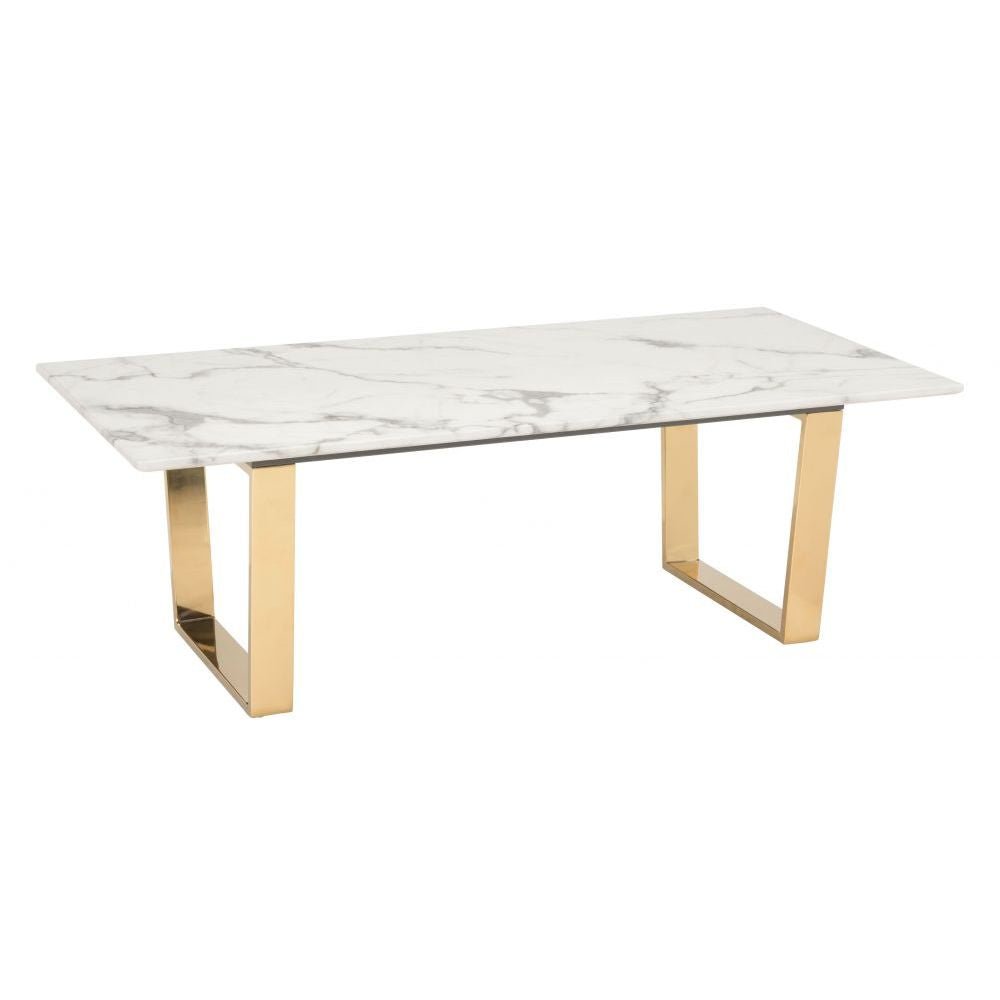 MESA DE CENTRO NOGAL BEAT ATLAS | Mesa de Centro Decorativa para Sala | 40 cm | Estructura Acero Inoxidable Galvanizado Oro | Blanco | Mármol Sintético | Interior - 100653 - Zuo - NOGAL BEAT - Mesas