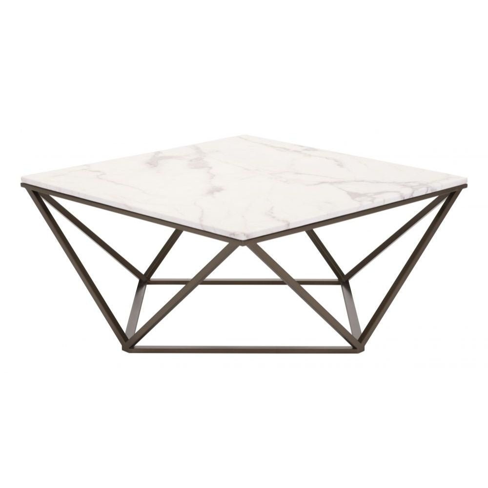 MESA DE CENTRO NOGAL BEAT TINTERN | Mesa de Centro Ocasional para Sala | 42 cm | Estructura Acero Bronce | Blanco | Mármol Sintético | Interior - 100657 - Zuo - NOGAL BEAT - Mesas