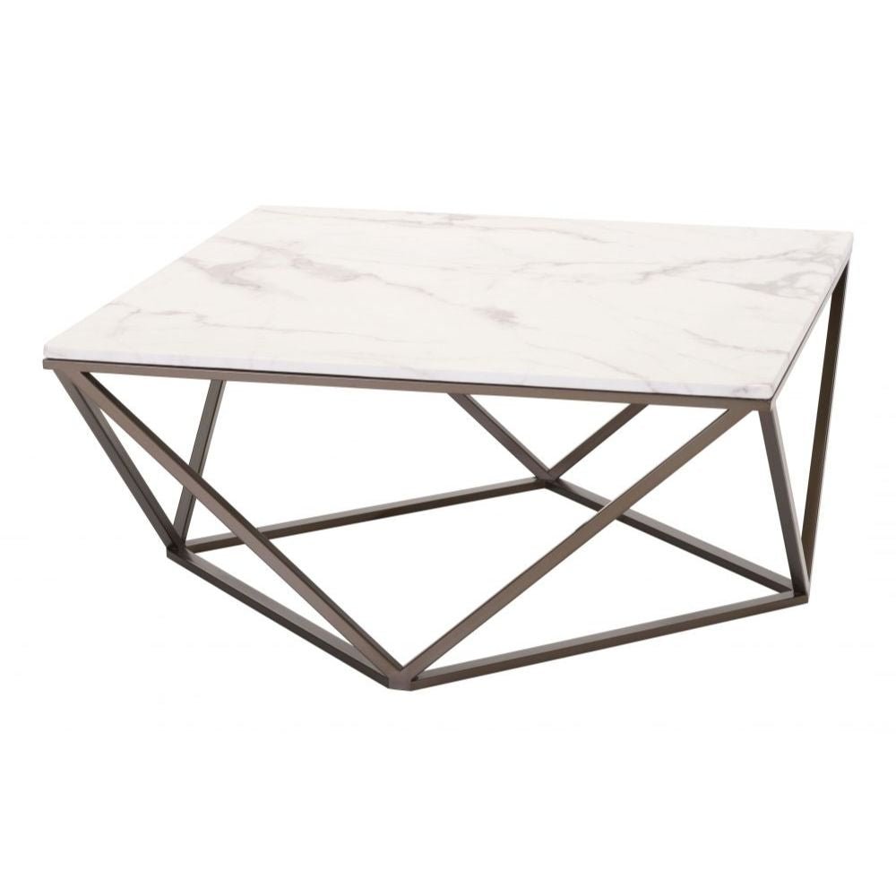 MESA DE CENTRO NOGAL BEAT TINTERN | Mesa de Centro Ocasional para Sala | 42 cm | Estructura Acero Bronce | Blanco | Mármol Sintético | Interior - 100657 - Zuo - NOGAL BEAT - Mesas