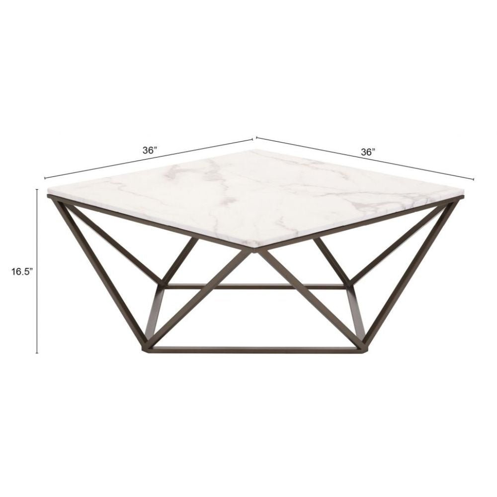 MESA DE CENTRO NOGAL BEAT TINTERN | Mesa de Centro Ocasional para Sala | 42 cm | Estructura Acero Bronce | Blanco | Mármol Sintético | Interior - 100657 - Zuo - NOGAL BEAT - Mesas