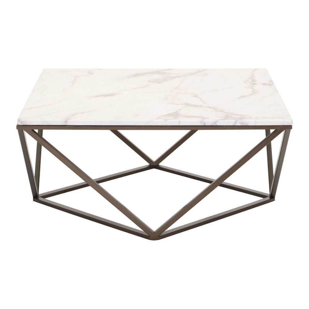 MESA DE CENTRO NOGAL BEAT TINTERN | Mesa de Centro Ocasional para Sala | 42 cm | Estructura Acero Bronce | Blanco | Mármol Sintético | Interior - 100657 - Zuo - NOGAL BEAT - Mesas