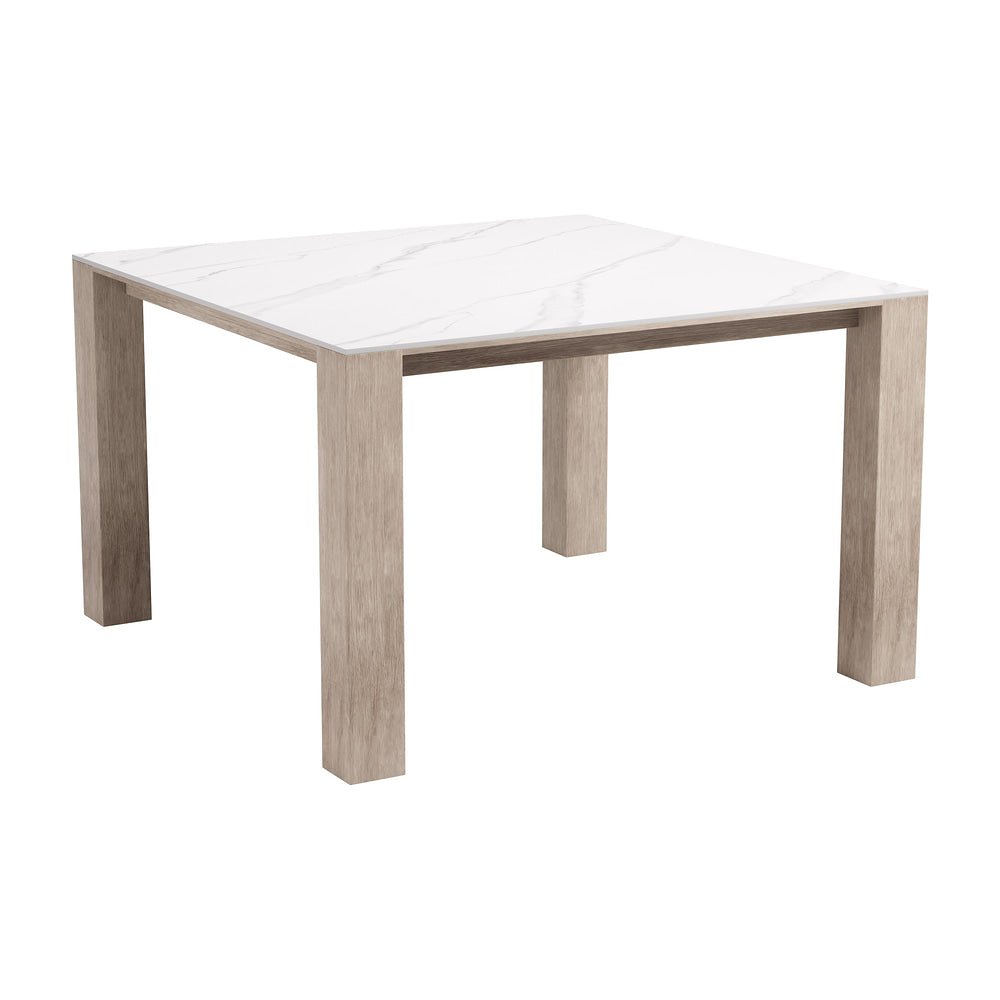 Mesa de Terraza para Áreas de Estar - ZUO LEILANI SQUARE - Blanco - Cubierta de Piedra Sinterizada Símil Mármol y Estructura de Aluminio Símil Madera - 704281 - Zuo - NOGAL BEAT - Mesa de Terraza