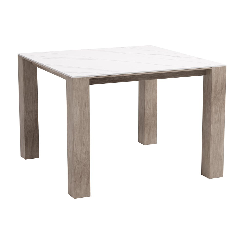 Mesa de Terraza para Cafetería - ZUO LEILANI SQUARE - Blanco - Cubierta de Piedra Sinterizada Símil Mármol y Estructura de Aluminio Símil Madera - 704264 - Zuo - NOGAL BEAT - Mesa de Terraza