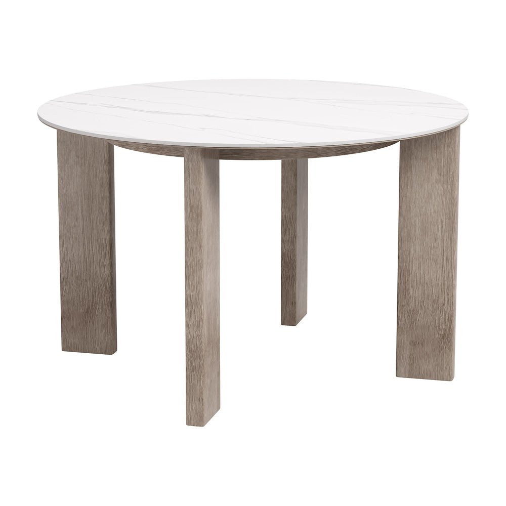 Mesa de Terraza para Restaurante - ZUO OCEANVEIL ROUND - Blanco - Cubierta de Piedra Sinterizada Símil Mármol y Estructura de Aluminio Símil Madera - 704269 - Zuo - NOGAL BEAT - Mesa de Terraza