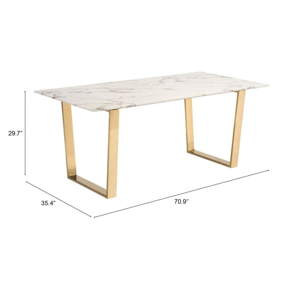 MESA NOGAL BEAT ATLAS | Mesa para Comedor | 51 cm | Base Acero Inoxidable Galvanizado Oro | Blanco | Piedra Compuesta de Mármol Sintético | Interior - 100652 - Zuo - NOGAL BEAT - Mesas