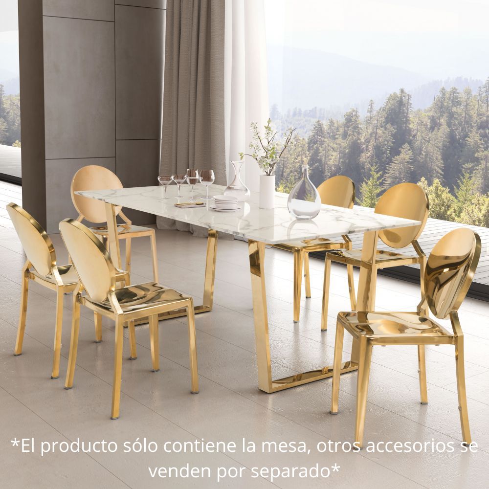 MESA NOGAL BEAT ATLAS | Mesa para Comedor | 51 cm | Base Acero Inoxidable Galvanizado Oro | Blanco | Piedra Compuesta de Mármol Sintético | Interior - 100652 - Zuo - NOGAL BEAT - Mesas