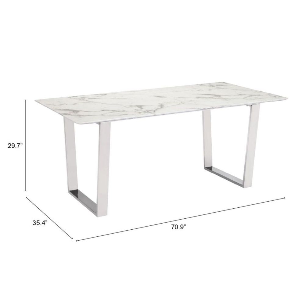 MESA NOGAL BEAT ATLAS | Mesa para Comedor | 76 cm | Base Acero Inoxidable Plata | Blanco | Piedra Compuesta de Mármol Sintético | Interior - 100707 - Zuo - NOGAL BEAT - Mesas