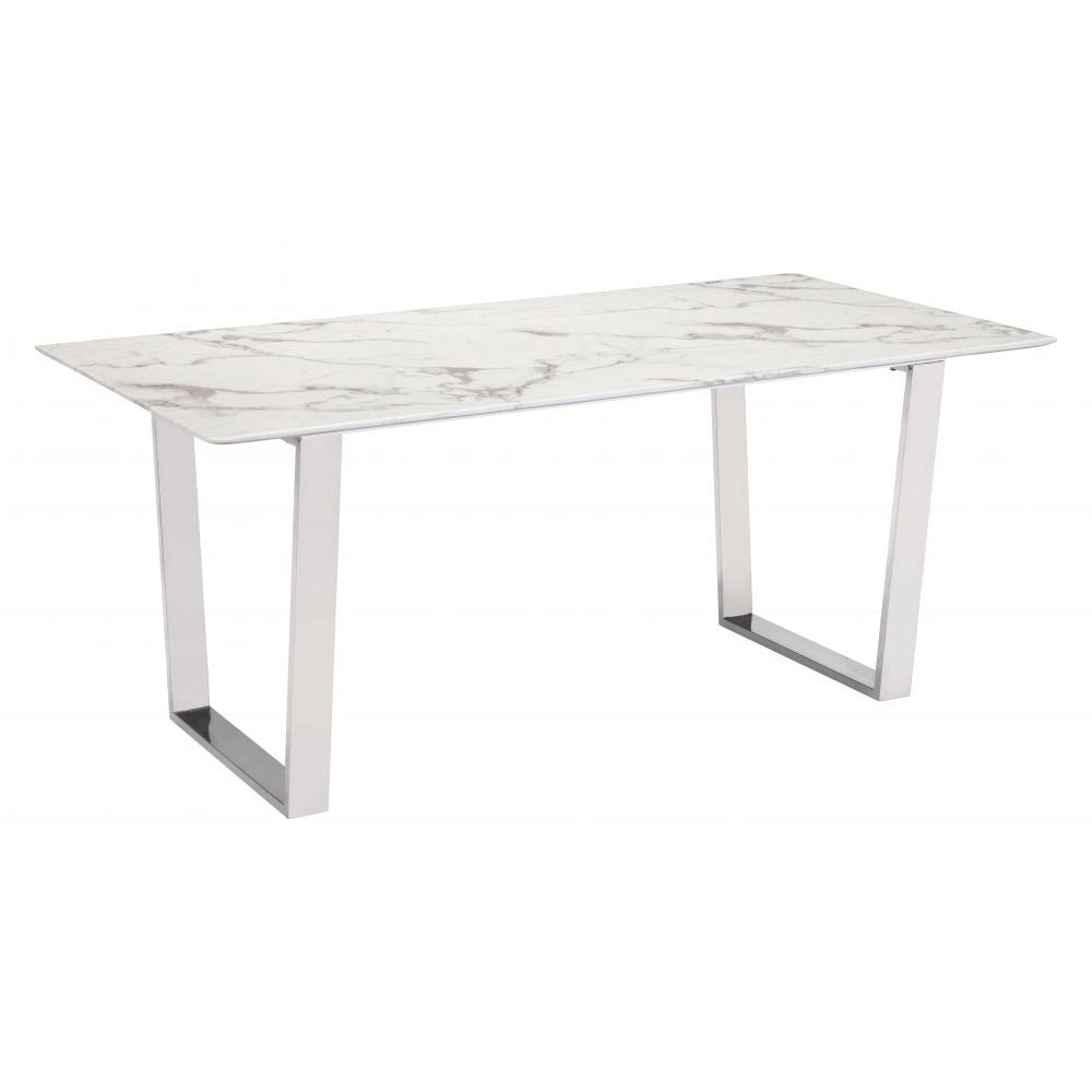 MESA NOGAL BEAT ATLAS | Mesa para Comedor | 76 cm | Base Acero Inoxidable Plata | Blanco | Piedra Compuesta de Mármol Sintético | Interior - 100707 - Zuo - NOGAL BEAT - Mesas