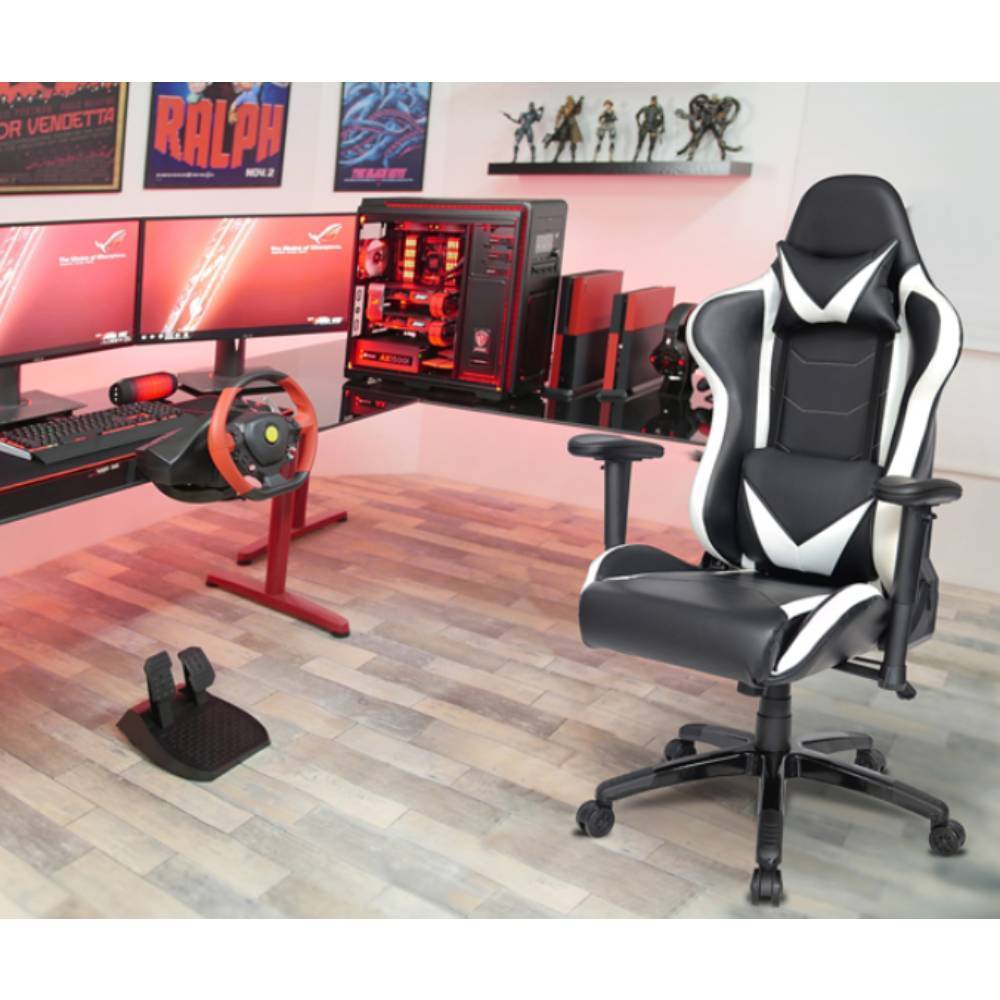 SILLA OFFIHO EXTREME GAMER-002 | Silla para Casa Home Office | Respaldo Alto con Cabecera | Negro con Blanco | Tapizado Soft Revolving Leather | Interior | Ten Horas Diversión Frente al Monitor Hogar Area Trabajo Profesional