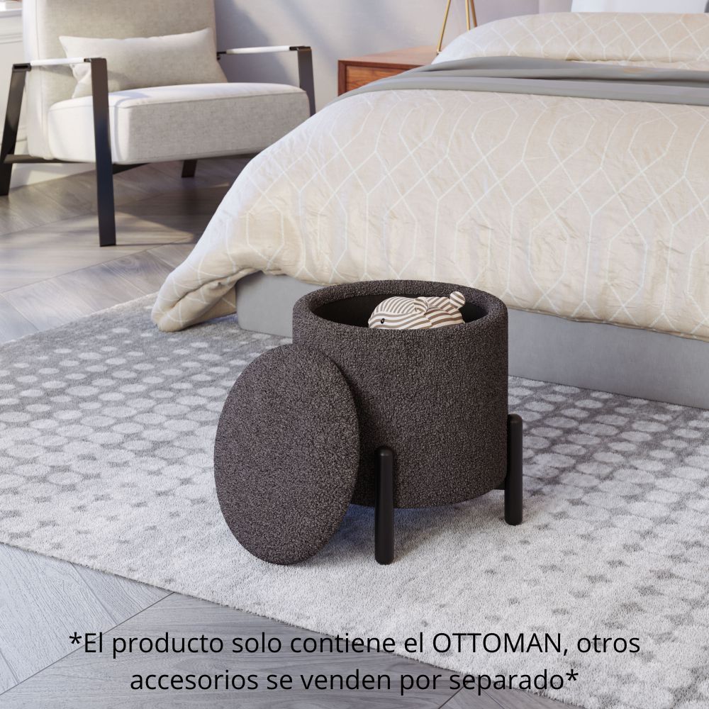 OTTOMAN DE ALMACENAMIENTO NOGAL BEAT CALISTOGA | Ottoman Decorativo de Almacenamiento para Habitación | 42 cm | Estructura Madera MDF Negro | Gris | Tejido Poliéster Boucle | Interior - 109617 - Zuo - NOGAL BEAT - Bancos