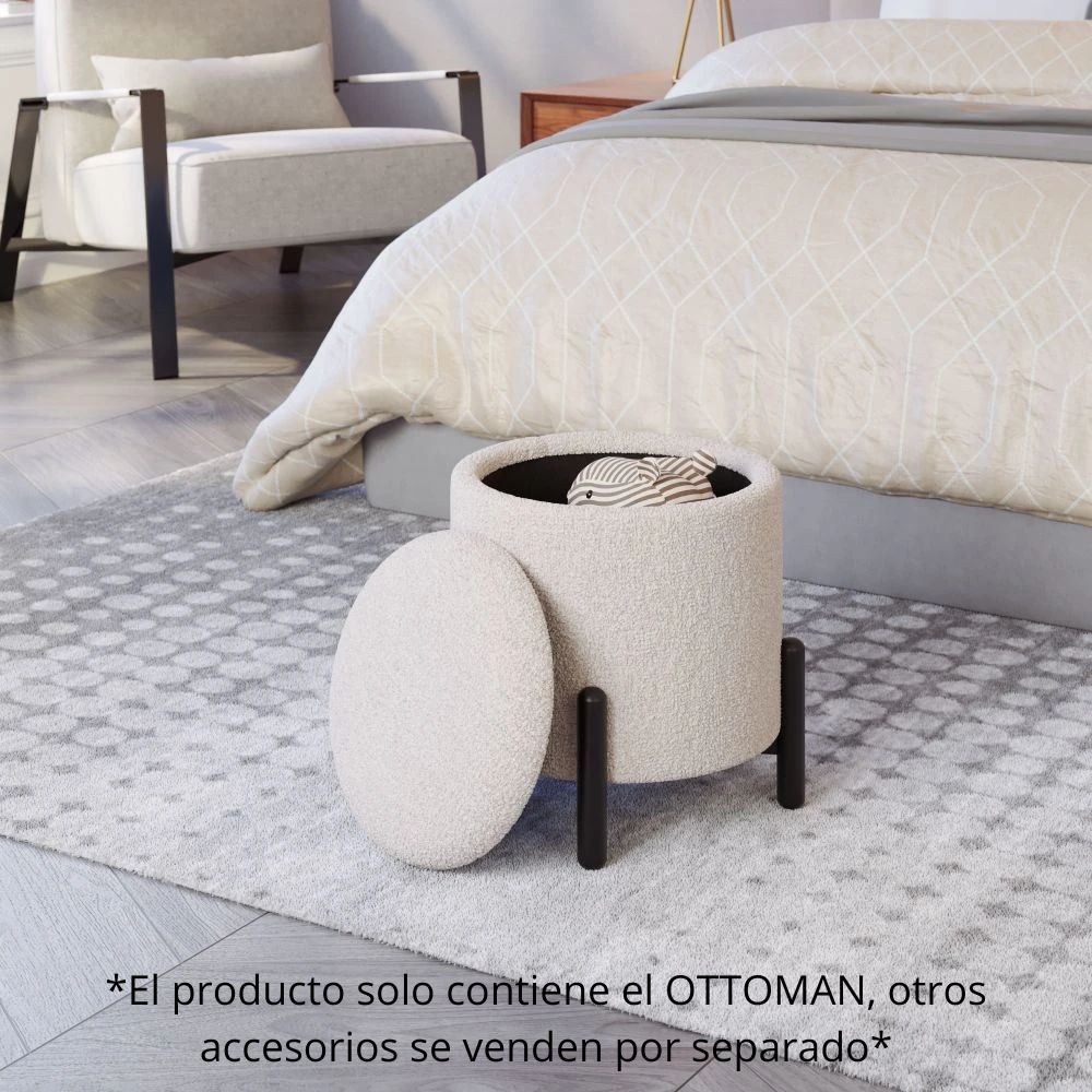 OTTOMAN DE ALMACENAMIENTO NOGAL BEAT CALISTOGA | Ottoman Decorativo de Almacenamiento para Habitación | 42 cm | Estructura Madera MDF Negro | Marfil | Tejido Poliéster Boucle | Interior - 109616 - Zuo - NOGAL BEAT - Bancos