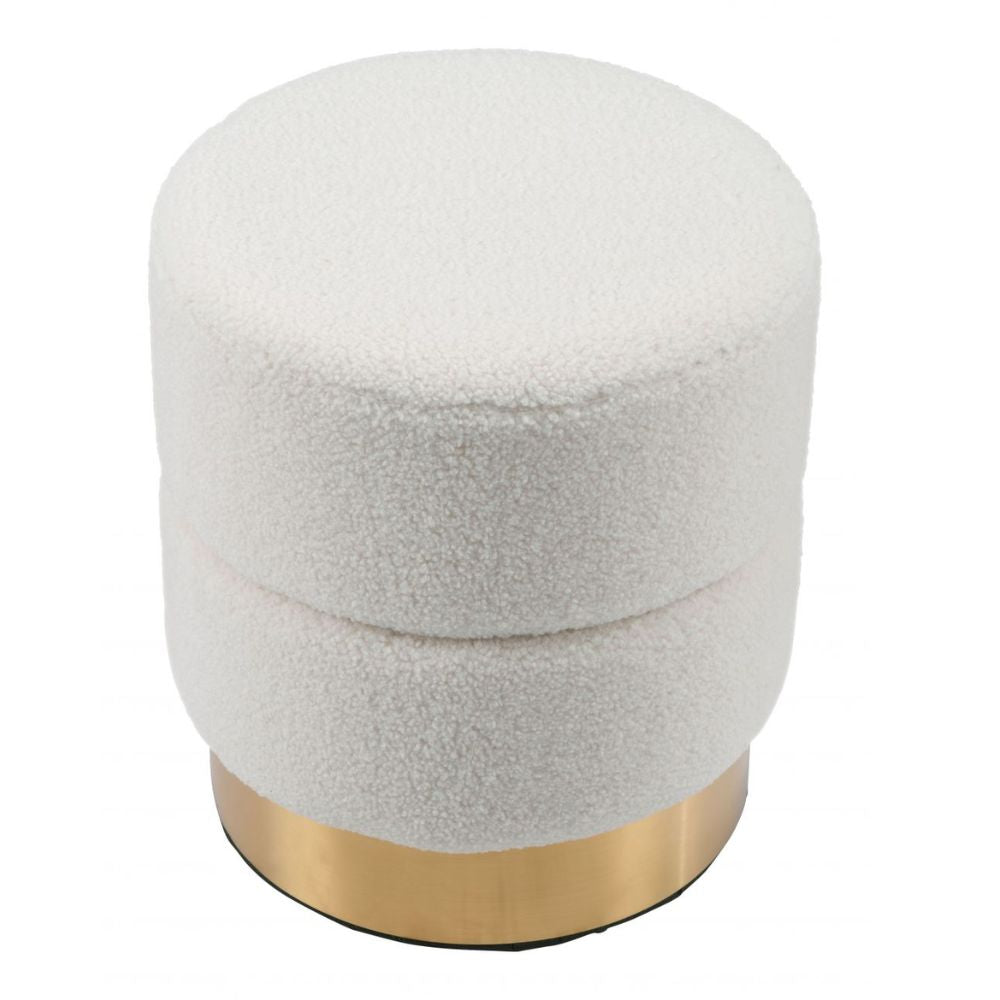 OTTOMAN NOGAL BEAT EUREKA | Ottoman Decorativo para Habitación | 43 cm | Estructura Base Acero Inoxidable Galvanizado Oro | Blanco | Tela Estilo Boucle 100% Poliéster Madera Contrachapada MDF | Interior - 109621 - Zuo - NOGAL BEAT - Taburete