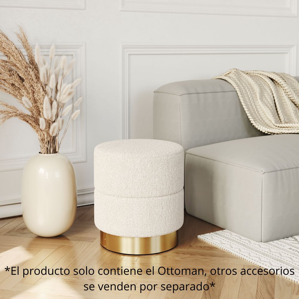 OTTOMAN NOGAL BEAT EUREKA | Ottoman Decorativo para Habitación | 43 cm | Estructura Base Acero Inoxidable Galvanizado Oro | Blanco | Tela Estilo Boucle 100% Poliéster Madera Contrachapada MDF | Interior - 109621 - Zuo - NOGAL BEAT - Taburete