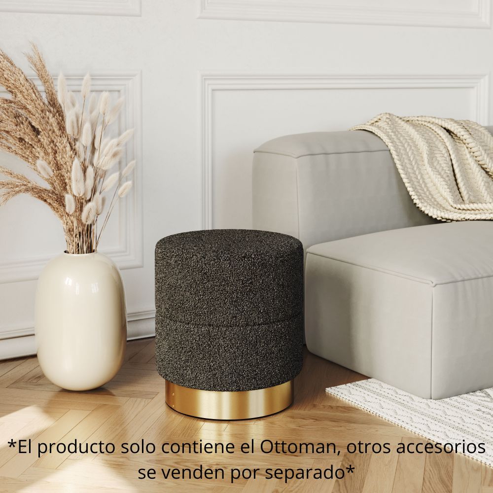 OTTOMAN NOGAL BEAT EUREKA | Ottoman Decorativo para Habitación | 43 cm | Estructura Base Acero Inoxidable Galvanizado Oro | Gris | Tela Estilo Boucle 100% Poliéster Madera Contrachapada MDF | Interior - 109622 - Zuo - NOGAL BEAT - Taburete