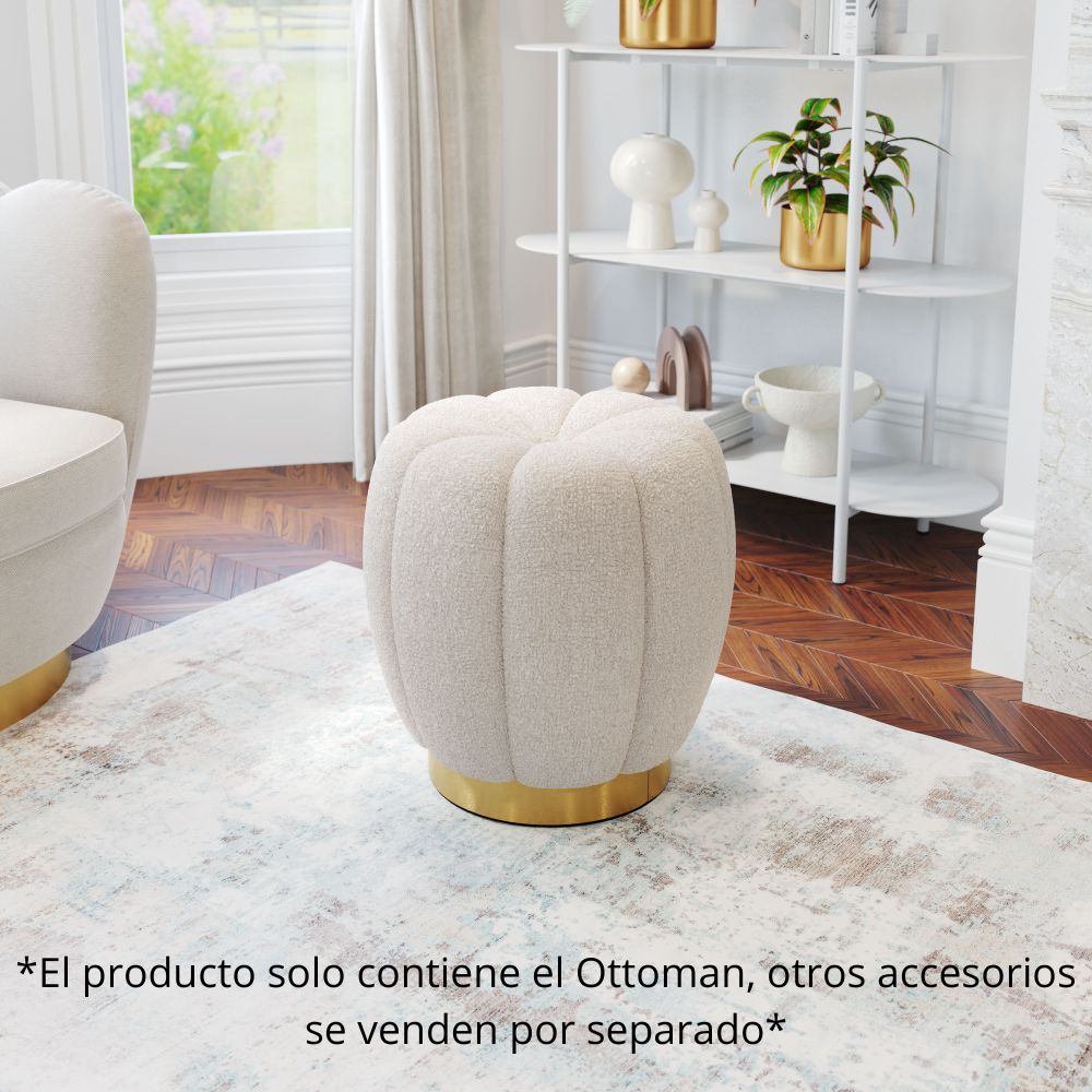 OTTOMAN NOGAL BEAT NAPA | Ottoman Decorativo para Habitación | 44 cm | Estructura Base Acero Inoxidable Galvanizado Oro | Blanco | Tela Estilo Boucle 100% Poliéster Madera Contrachapada MDF | Interior - 109619 - Zuo - NOGAL BEAT - Taburete