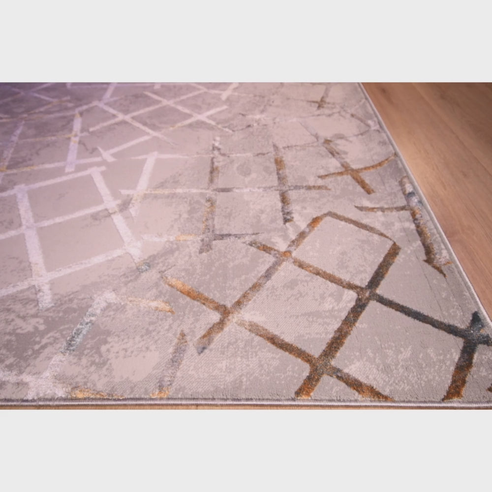 Tapete decorativo colección Adara T2259 rectangular de poliéster pelo corto en tonos oro, gris y azul