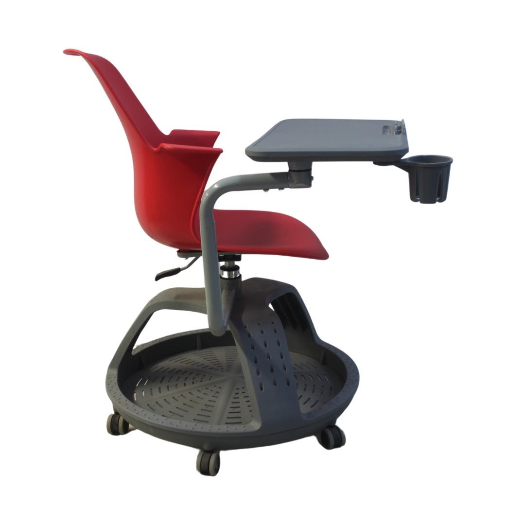 Pupitre escolar giratorio Nogal Beat con ruedas, disponible en colores azul, rojo, amarillo, verde y naranja