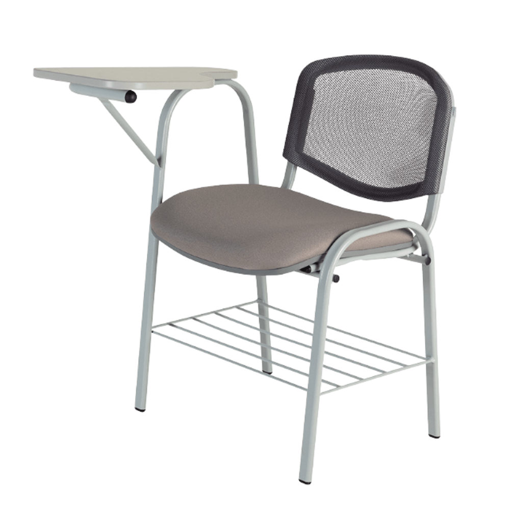 Pupitre ALBAR PL-120 con asiento tapizado, respaldo de malla, paleta lateral, estructura negra y canastilla