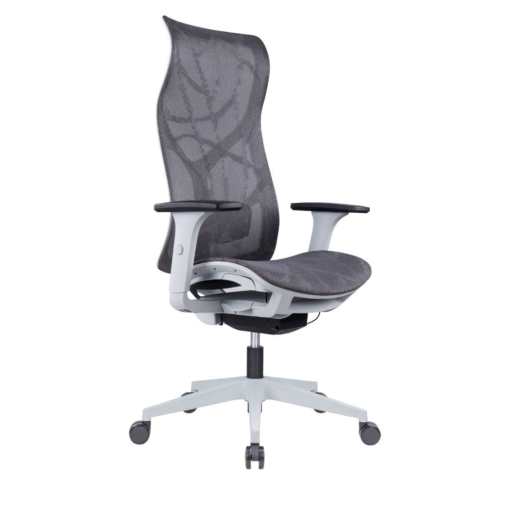 Silla ejecutiva ALBAR AB-80 gris con respaldo y asiento tapizados en malla y brazos 3D.
