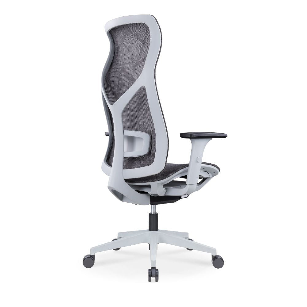 Silla ejecutiva ALBAR AB-80 gris con respaldo y asiento tapizados en malla y brazos 3D.