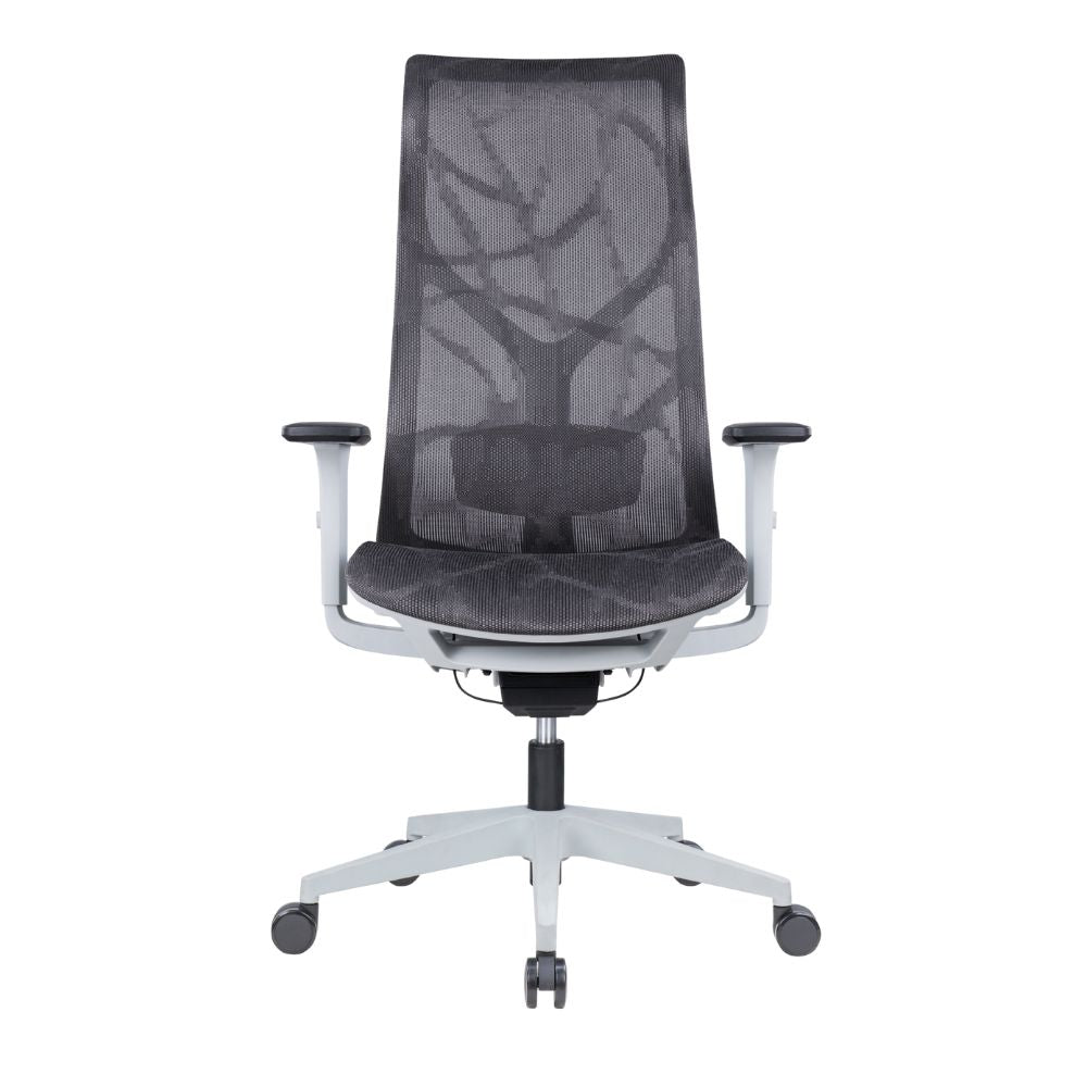 Silla ejecutiva ALBAR AB-80 gris con respaldo y asiento tapizados en malla y brazos 3D.