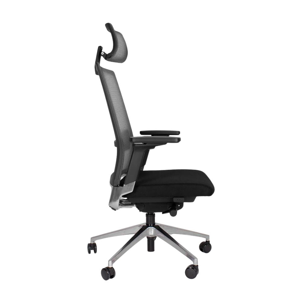 Silla ejecutiva Offiho Snap OHE-45 negro gris con respaldo en malla y asiento tapizado.