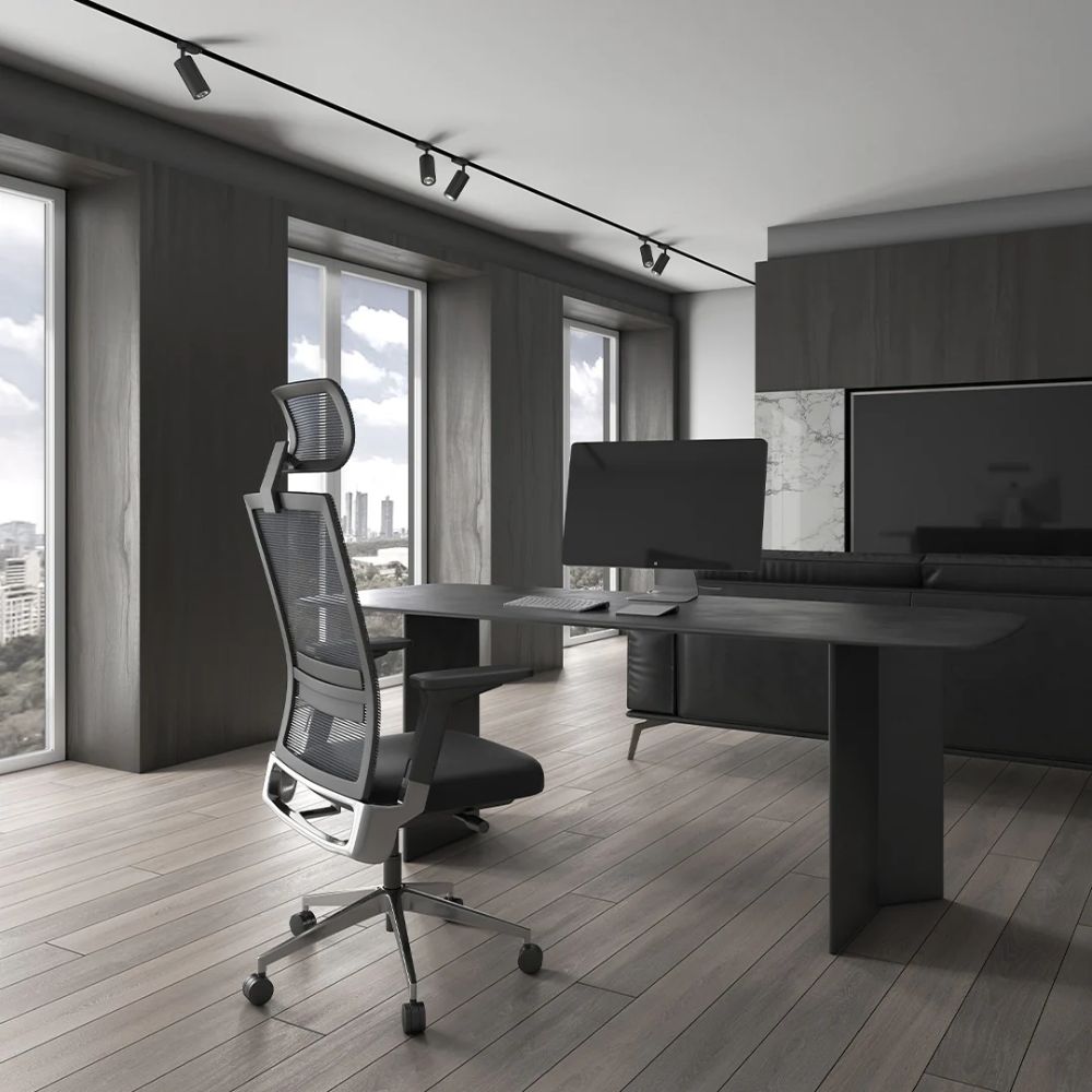 Silla ejecutiva Offiho Snap OHE-45 negro gris con respaldo en malla y asiento tapizado.