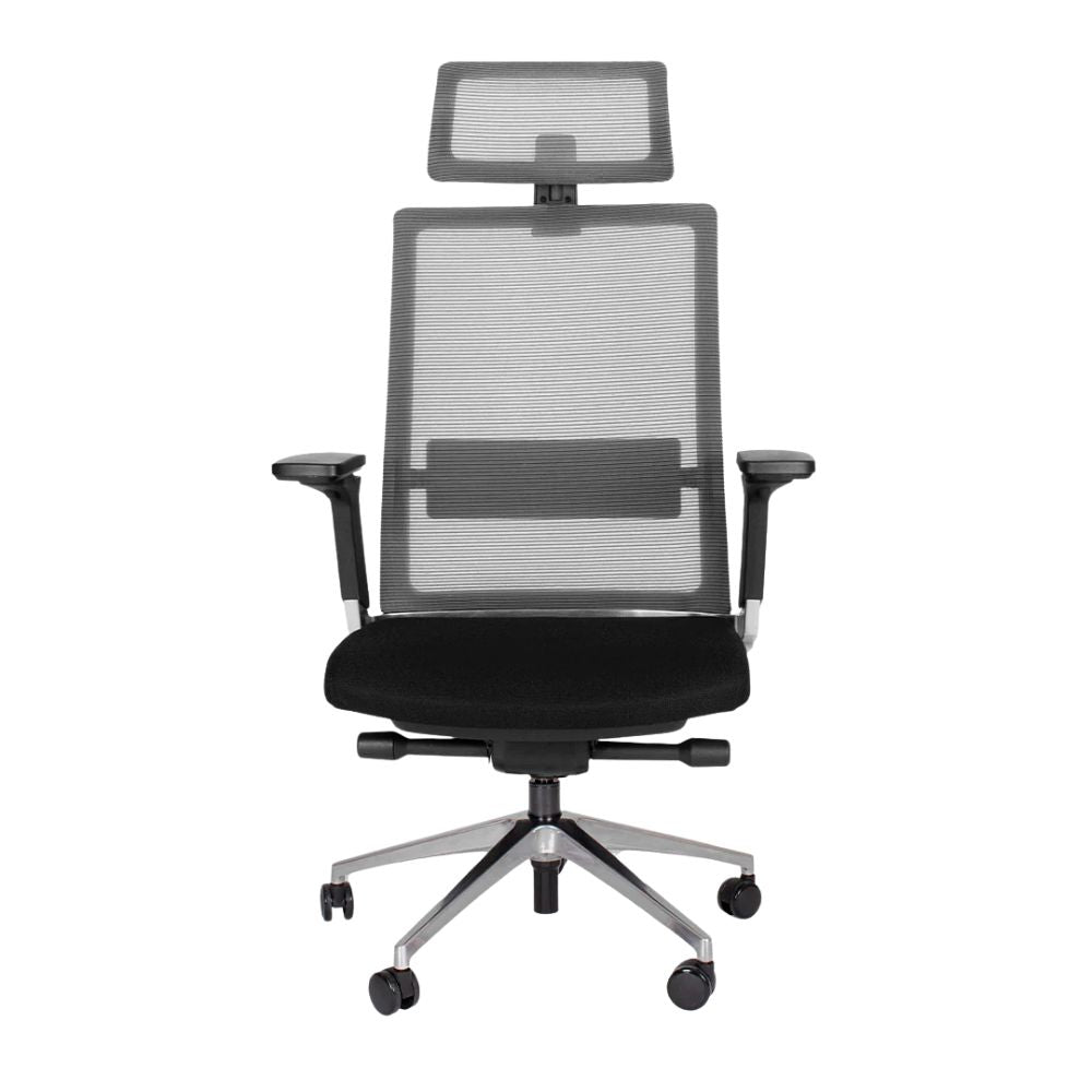 Silla ejecutiva Offiho Snap OHE-45 negro gris con respaldo en malla y asiento tapizado.