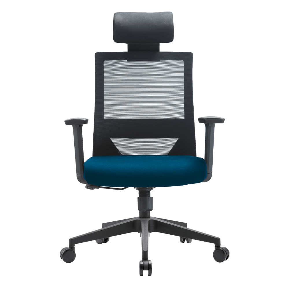 Silla ejecutiva GERSA Duna Alto negro con respaldo en malla y cabecera tapizada ajustable.