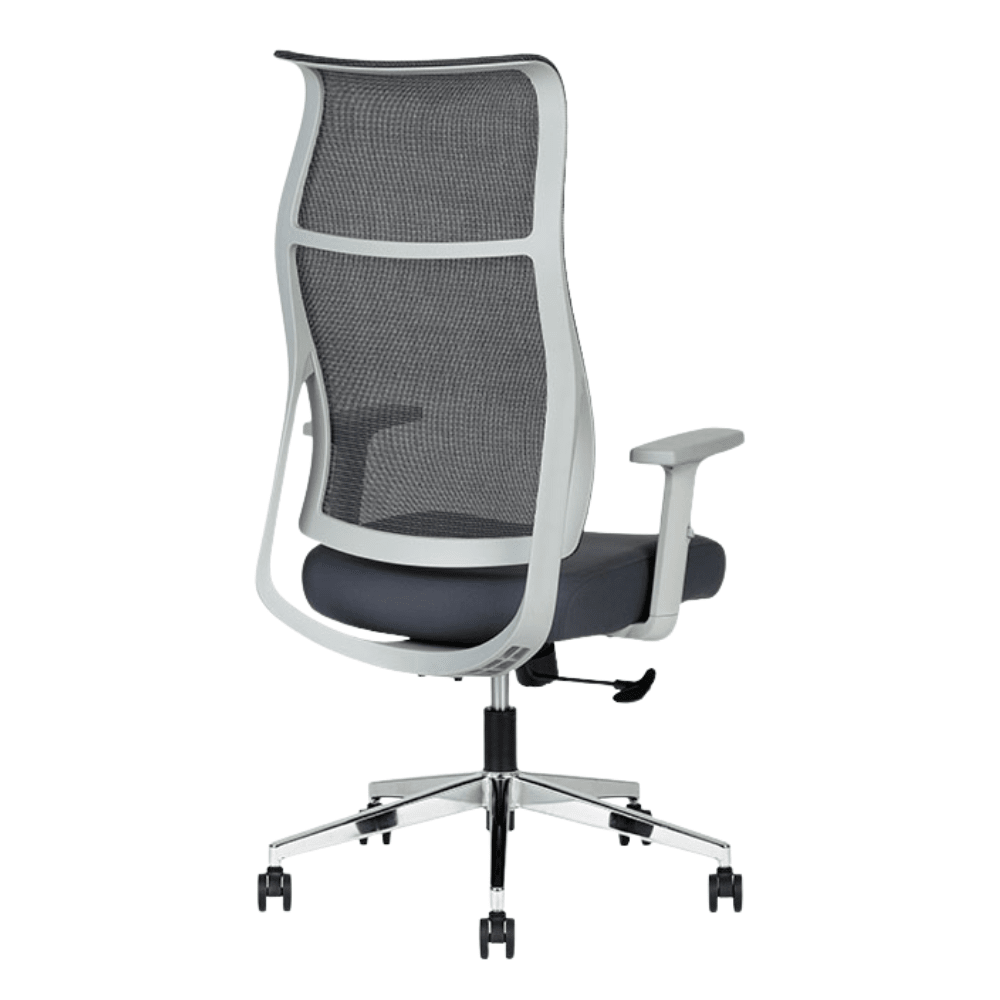 Silla ejecutiva Techno Ekho Gray gris con respaldo en malla y base cromada de 5 puntas.