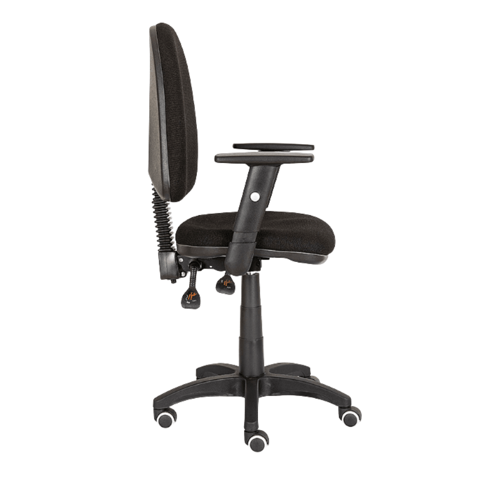 Silla de oficina operativa Albar E-90N CB negra con respaldo tapizado, brazos ajustables y base de cinco puntas