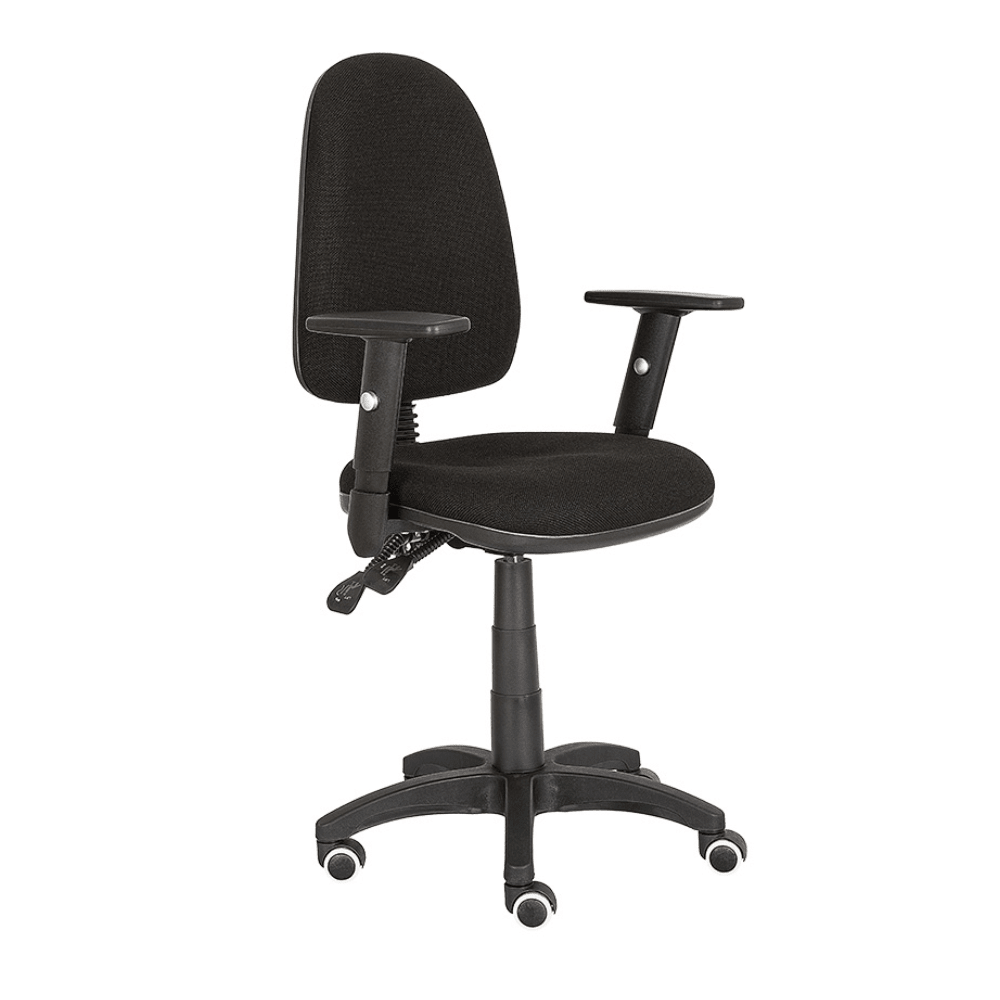 Silla de oficina operativa Albar E-90N CB negra con respaldo tapizado, brazos ajustables y base de cinco puntas