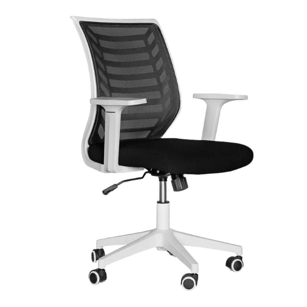 Silla de oficina operativa Albar LK-07B con respaldo en malla, asiento tapizado y base de nylon