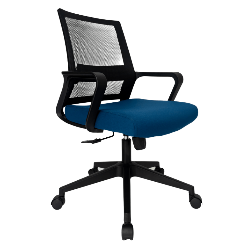 Silla de oficina operativa Gersa E-17501 negra con respaldo en malla, asiento tapizado y base metálica cromada