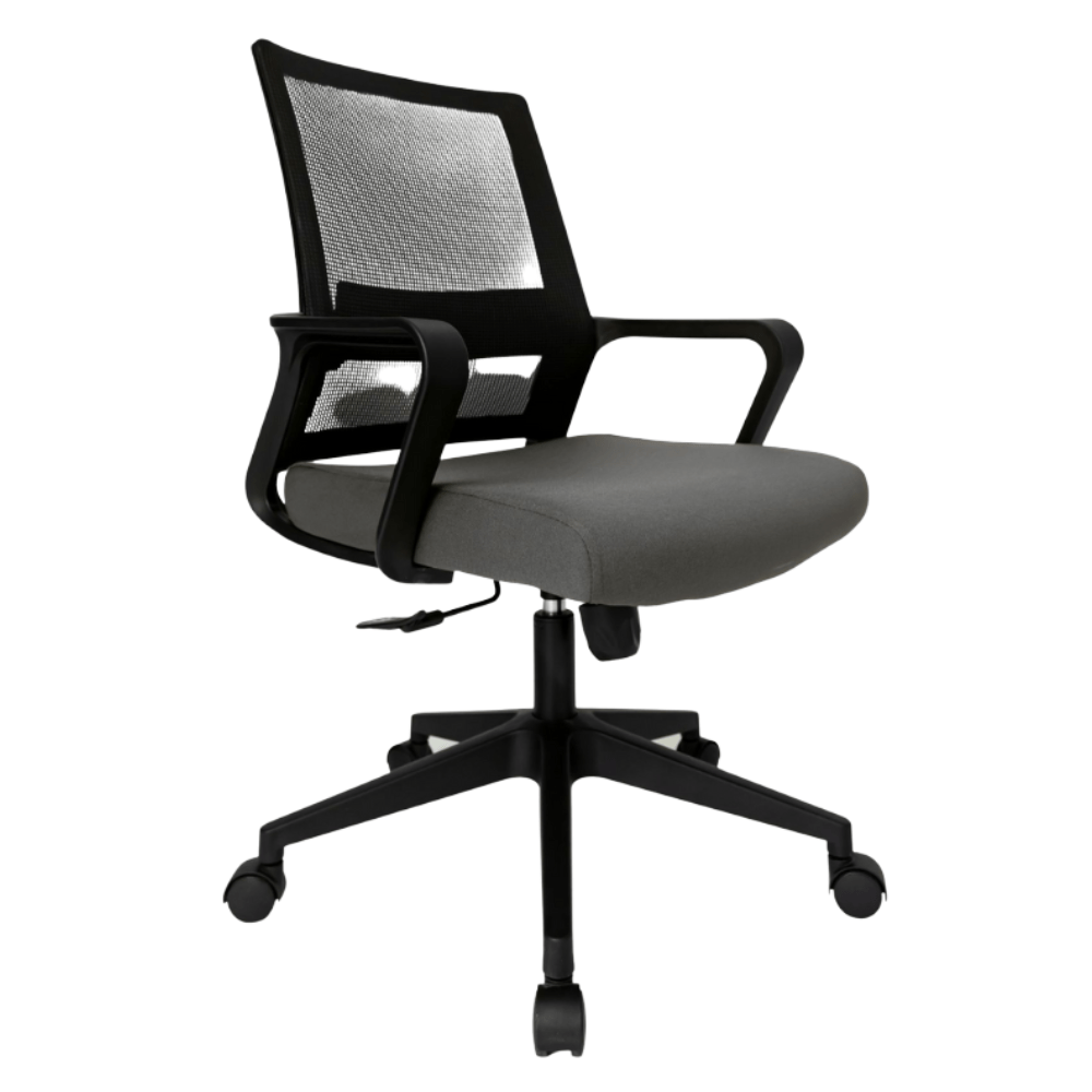Silla de oficina operativa Gersa E-17501 negra con respaldo en malla, asiento tapizado y base metálica cromada
