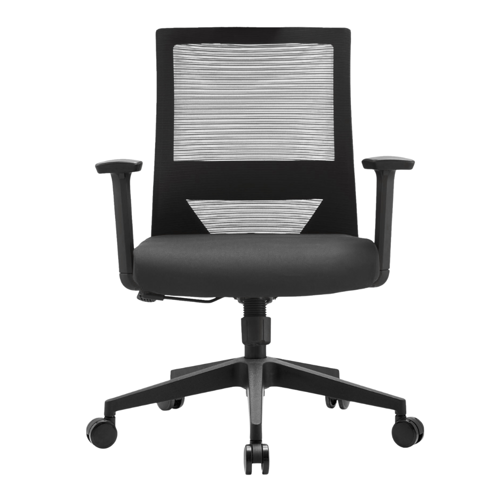 Silla de oficina operativa GERSA DUNA de respaldo bajo con respaldo en malla, soporte lumbar, brazos ajustables y base de nylon.