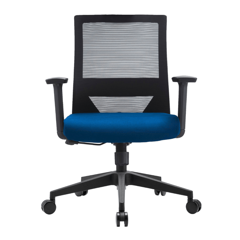 Silla de oficina operativa GERSA DUNA de respaldo bajo con respaldo en malla, soporte lumbar, brazos ajustables y base de nylon.