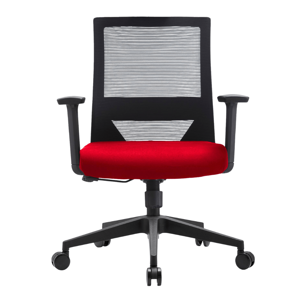 Silla de oficina operativa GERSA DUNA de respaldo bajo con respaldo en malla, soporte lumbar, brazos ajustables y base de nylon.