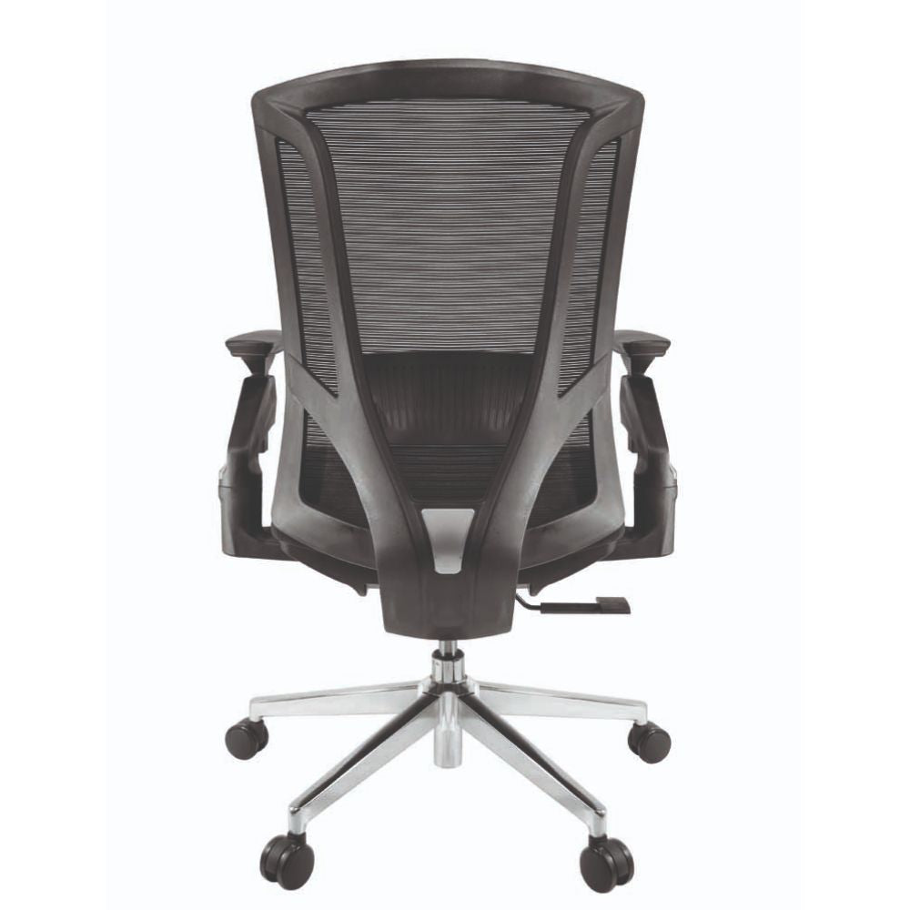 Silla operativa GERSA E-11752 negra con respaldo en malla, cabecera, asiento tapizado y base metálica cromada