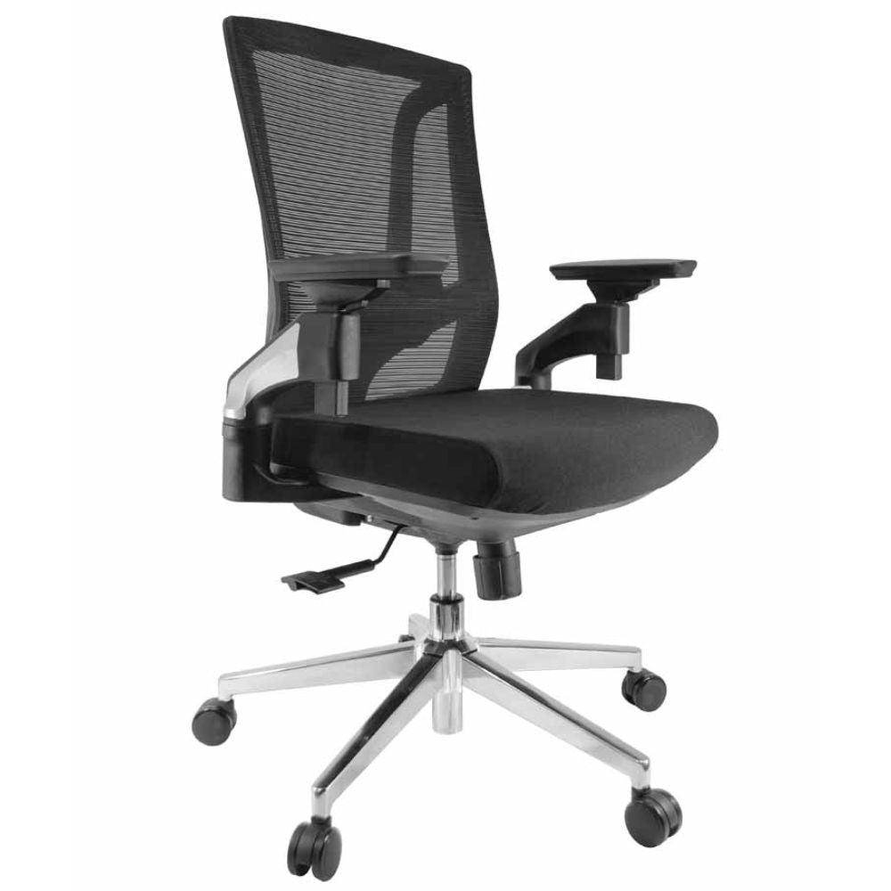 Silla operativa GERSA E-11752 negra con respaldo en malla, cabecera, asiento tapizado y base metálica cromada