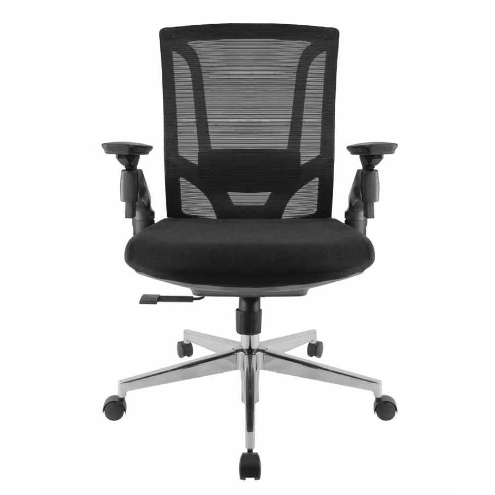 Silla operativa GERSA E-11752 negra con respaldo en malla, cabecera, asiento tapizado y base metálica cromada