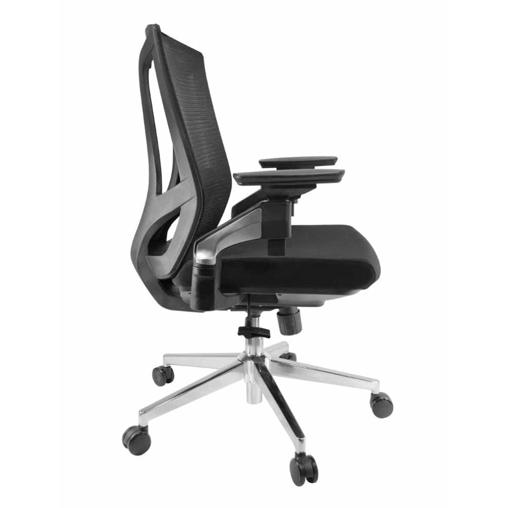 Silla operativa GERSA E-11752 negra con respaldo en malla, cabecera, asiento tapizado y base metálica cromada