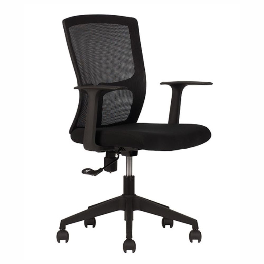 Silla de oficina operativa TECHNO CLICK con respaldo Smartmesh, asiento tapizado y base de 5 puntas en nylon.
