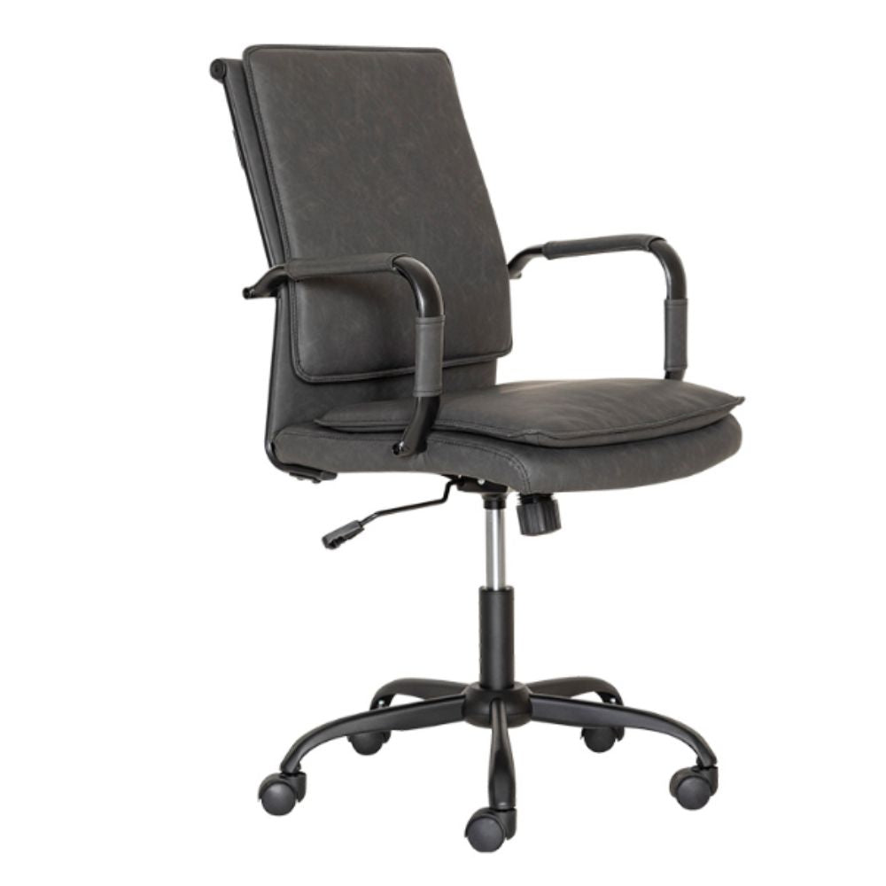 Silla secretarial Albar GA-005 con respaldo tapizado en vinil, brazos tubulares de acero y base de metal.